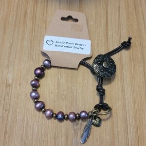 NEW Amalie Peters Brown Leather Burgundy Pearl Button Feather Boho Bracelet